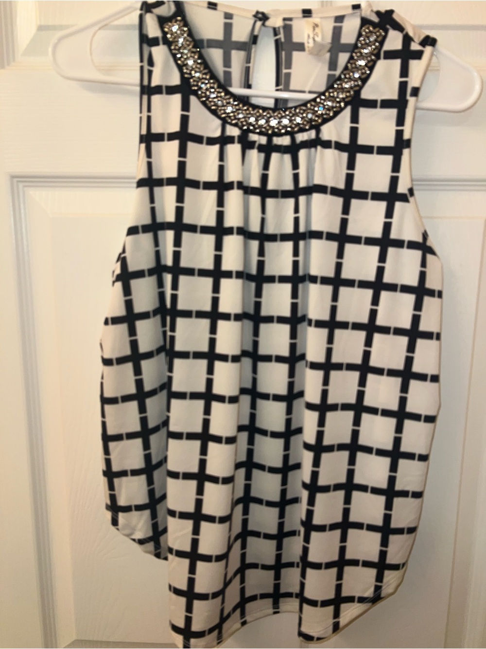 PerSeption Concept Black & White Grid Sleeveless Top with Jeweled Neckline